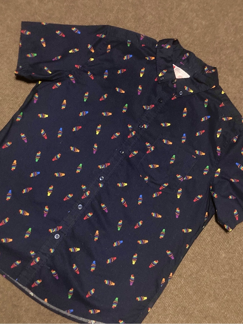 Pride 100% Cotton Rainbow Ice Cream Cone Navy Short-Sleeve Button-Up Shirt, Sz L